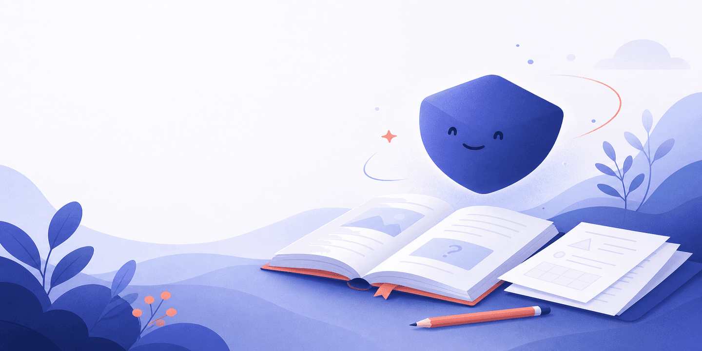 Friendly sidekick companion illustration with books and worksheets