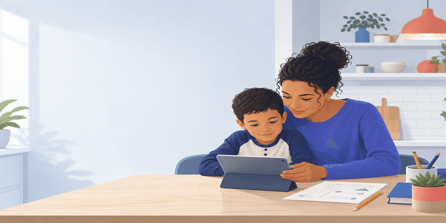 Parent and child reading a homeschool lesson together at a table