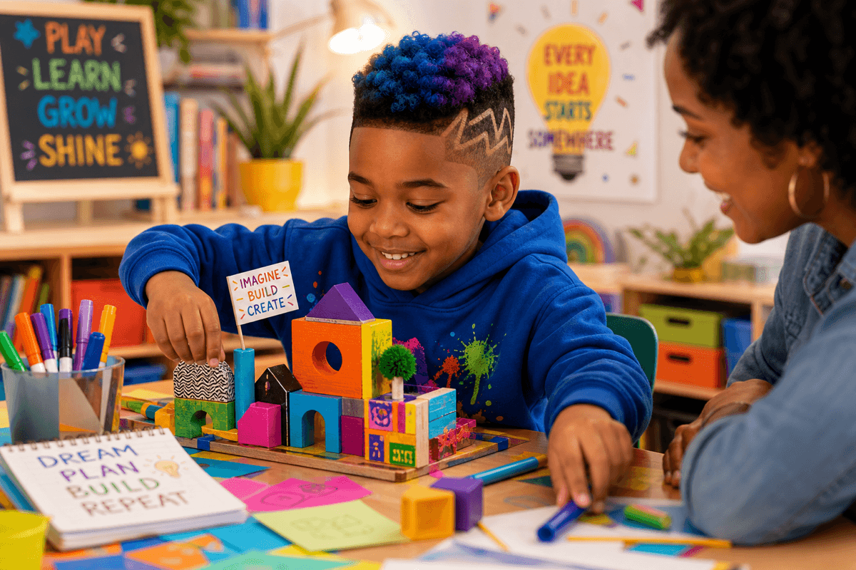 A delighted young child with colorful hair building and creating during a homeschool lesson while a caregiver leans in to encourage them