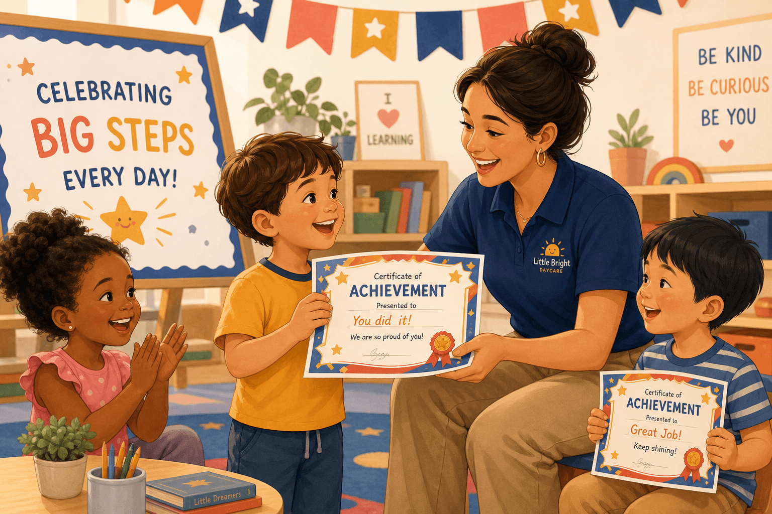 Caregiver handing a certificate of achievement to a proud child while classmates celebrate