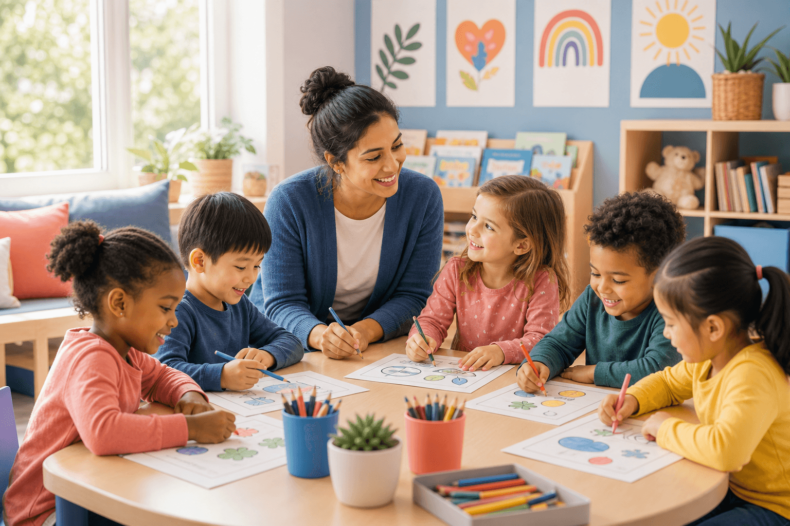 Caregiver and diverse group of young children working on educational worksheets together at a daycare table