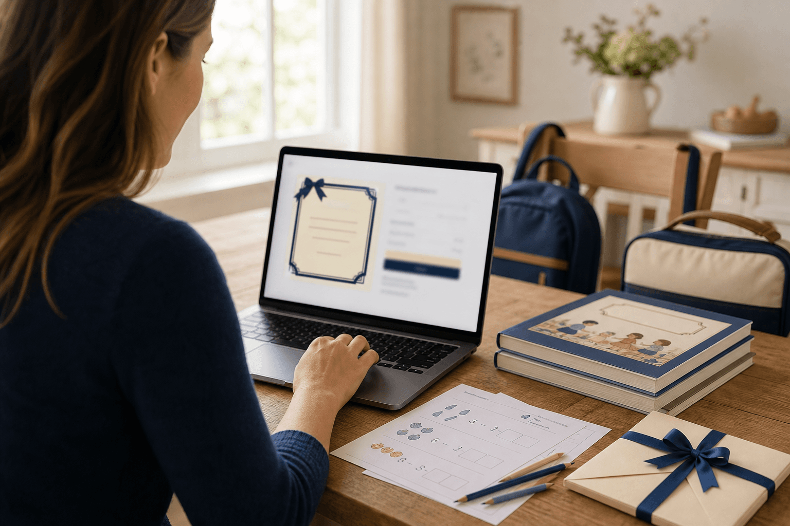Parent buying a homeschool gift subscription on a laptop, with worksheets and children's books on the table