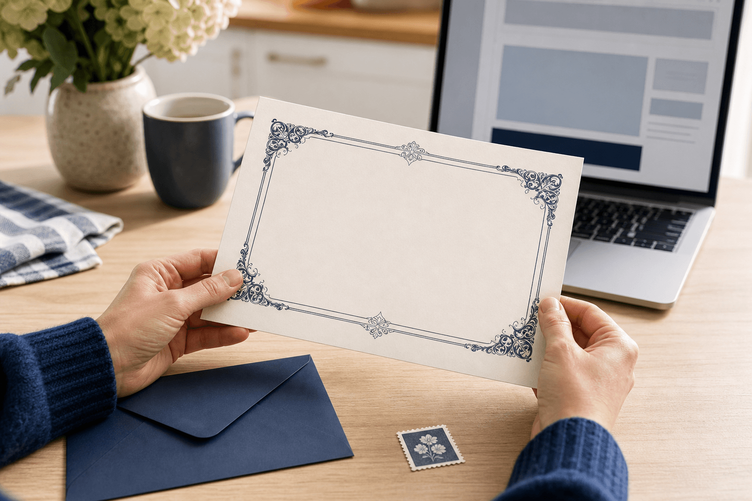 Printed gift certificate, envelope, and laptop ready to print or email